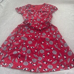 Talbots Red Navy Umbrella Graphic Print Belted Dress Womens‎ size 14